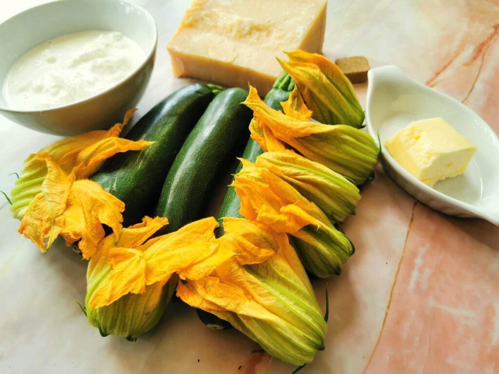 ingredients for zucchini flower pasta risotto