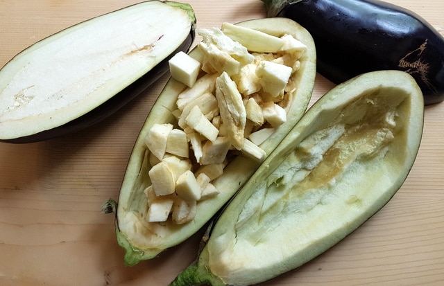 eggplants cut in half and flesh removed