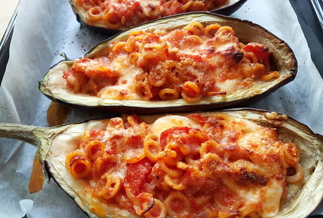 baked anelletti pasta eggplant boats