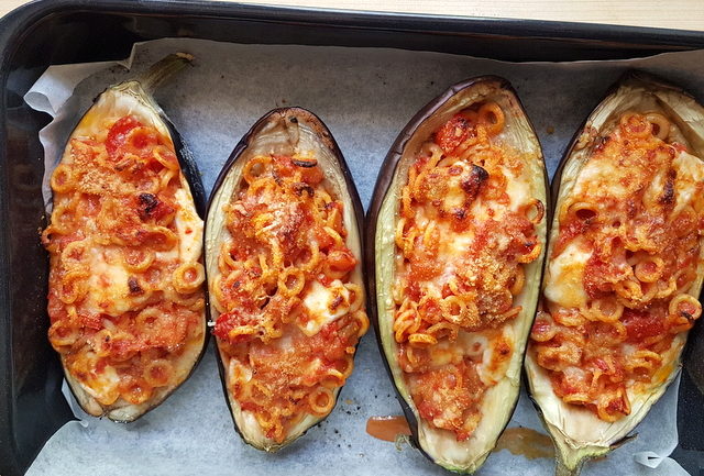 baked anelletti eggplant boats in oven dish