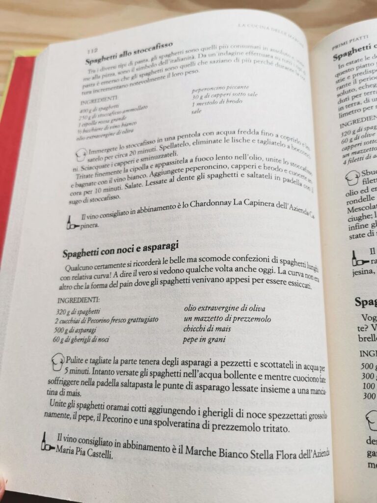 recipe for spaghetti with asparagus and walnuts in Italian cookbook