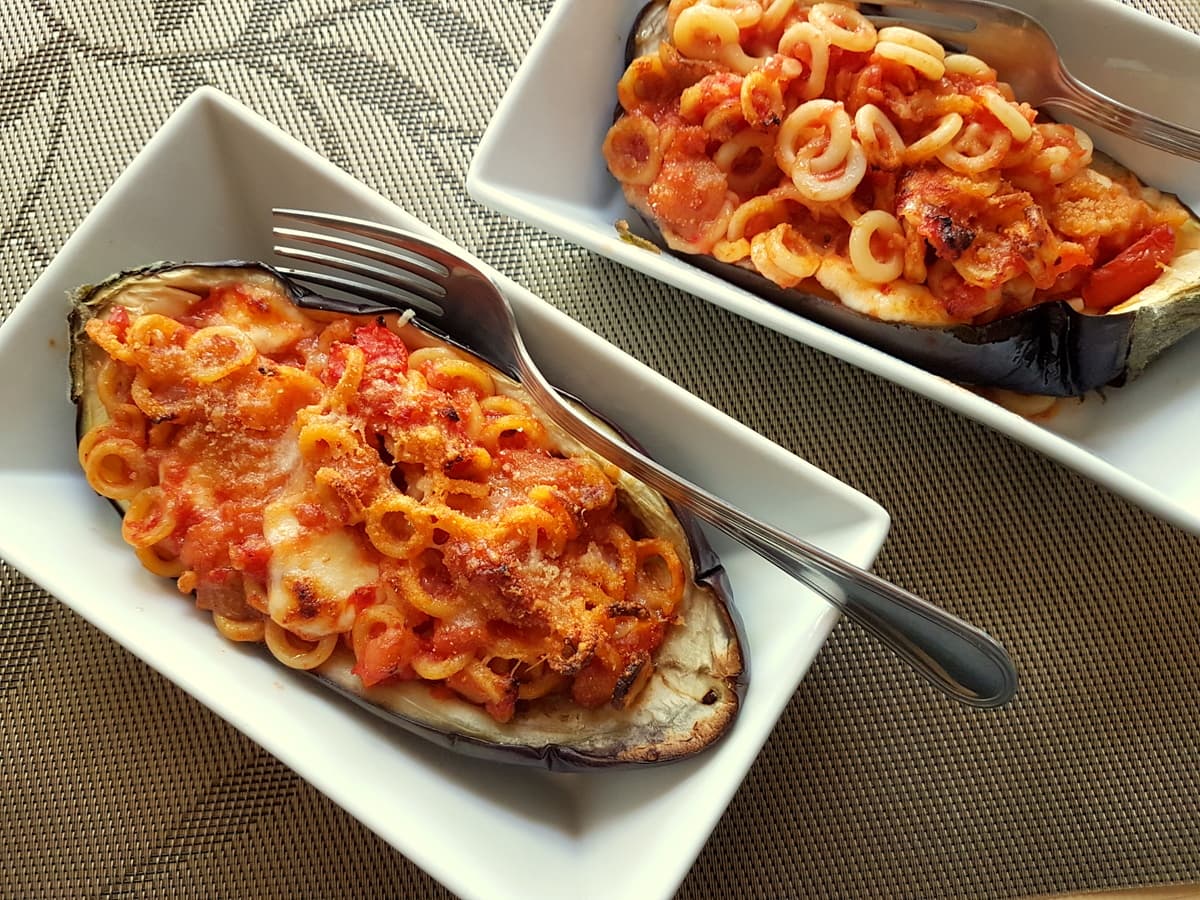 baked anelletti eggplant boats