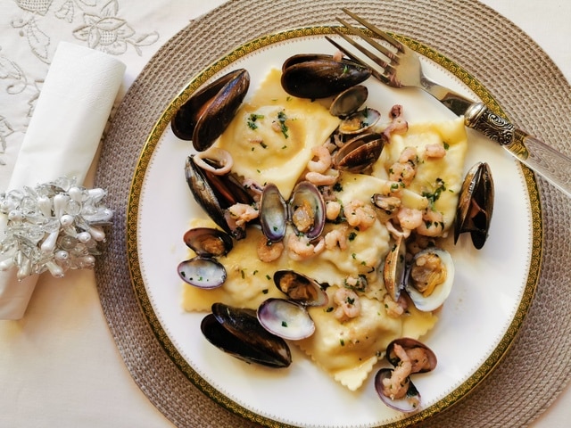 Baked fish ravioli from Liguria.