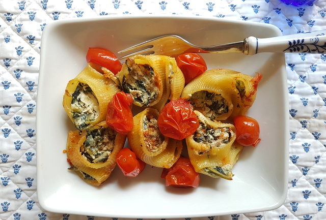 baked lumaconi pasta shells with chicory and porcini 