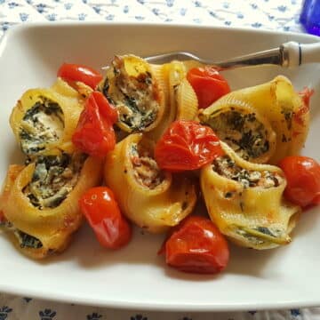 baked lumaconi pasta shells with chicory and porcini