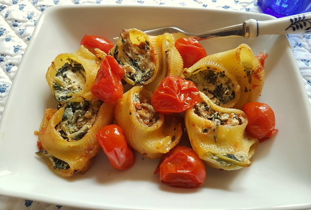 baked lumaconi pasta shells with chicory and porcini 