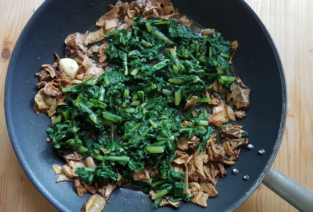 porcini mushrooms and precooked chicory in frying pan