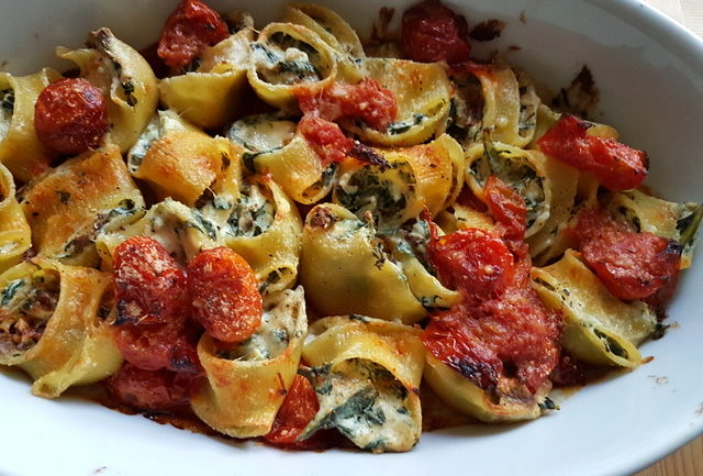 baked lumaconi pasta shells with chicory and porcini 