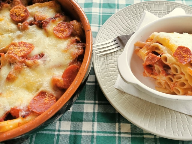 Baked ziti with spicy sausage