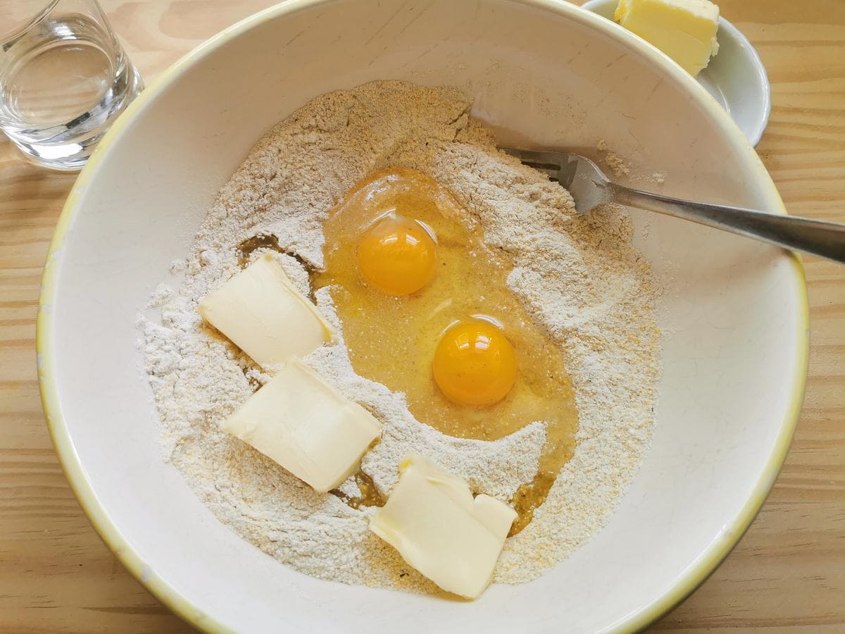Flour, eggs and butter in large bowl.