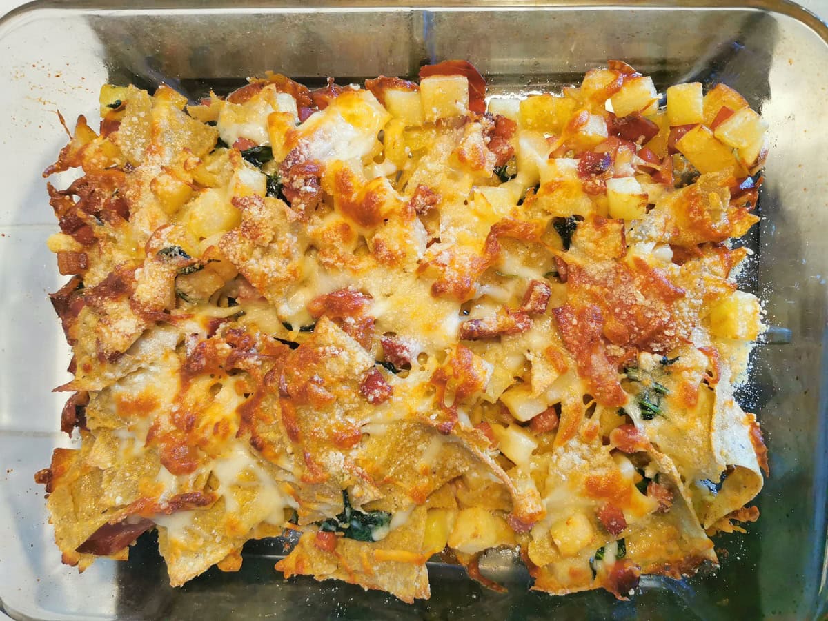 Baked leftovers of blecs buckwheat pasta with potatoes and speck.