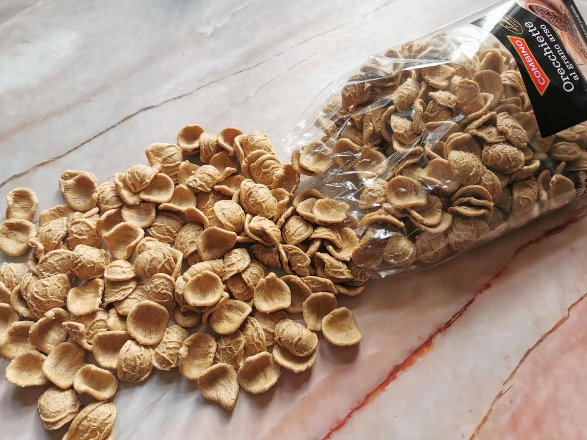 Dried orecchiette made with burnt wheat flour.