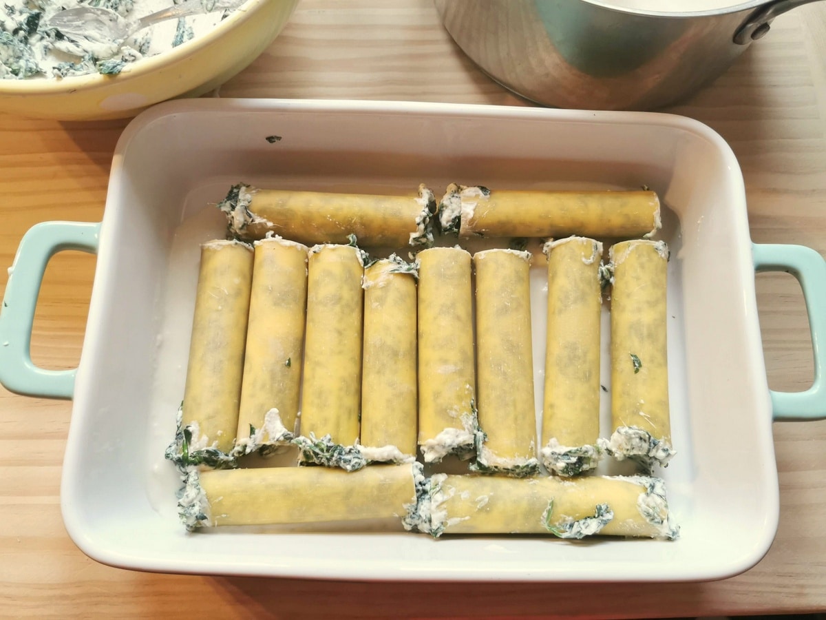 Filled cannelloni with ricotta and spinach.