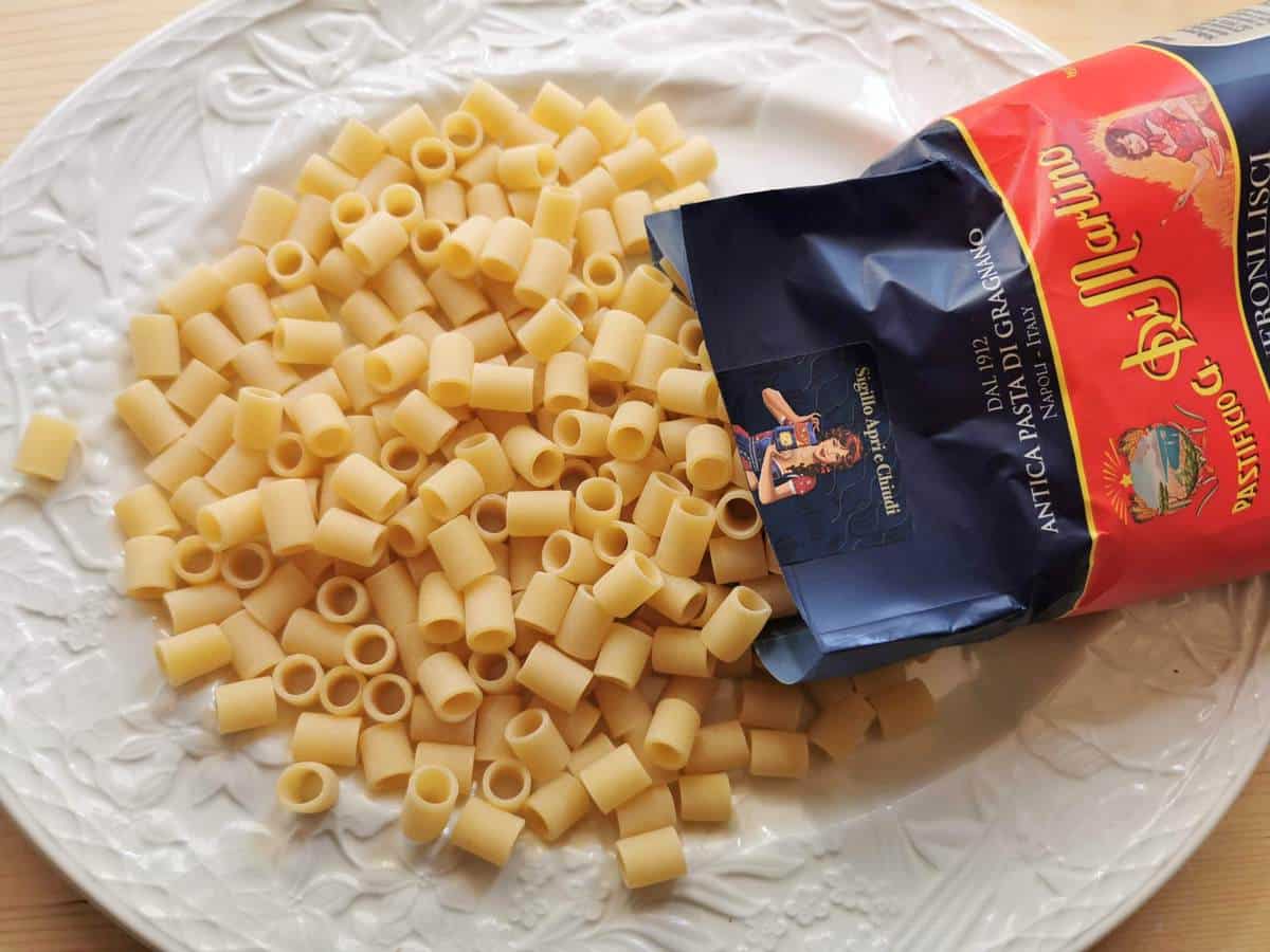 dried canneroni pasta on white plate