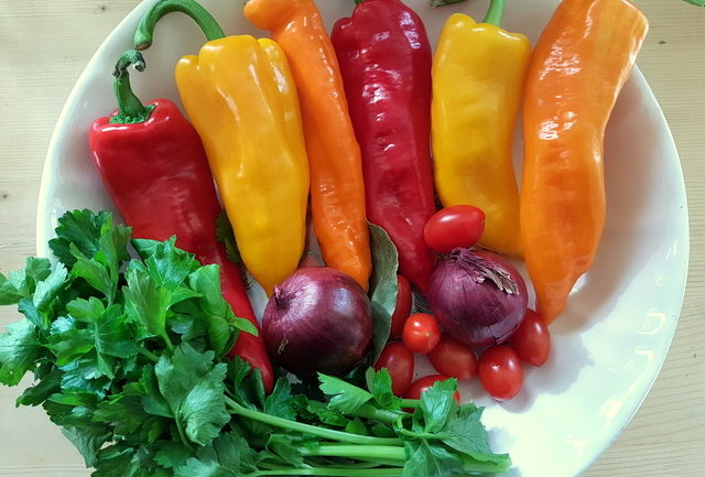 ingredients for casarecce pasta alla peperonata (sweet pepper sauce)