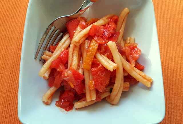 casarecce pasta alla peperonata (sweet pepper sauce) 