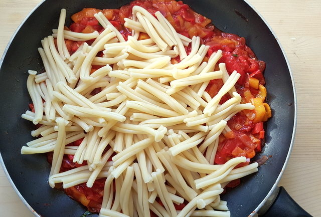 casarecce pasta alla peperonata (sweet pepper sauce) 