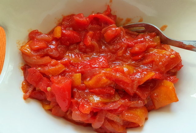 peperonata sweet pepper sauce in white bowl