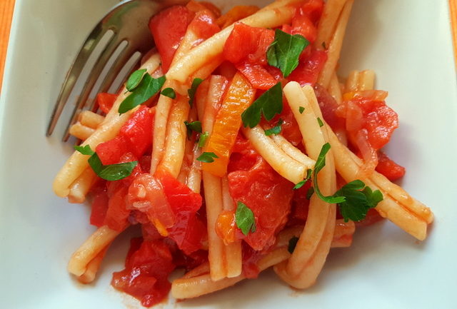 casarecce pasta alla peperonata (sweet pepper sauce)