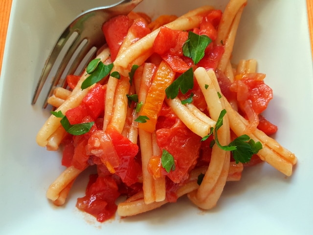casarecce pasta alla peperonata (sweet pepper sauce)