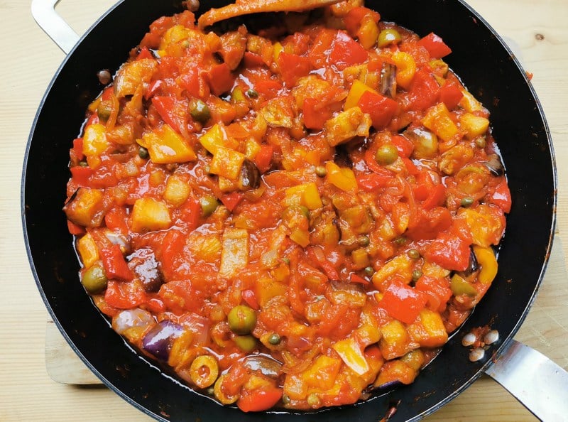 ready caponata in skillet