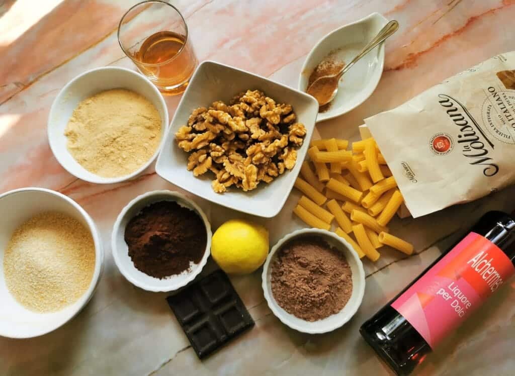 ingredients for chocolate and walnut sweet pasta from Umbria