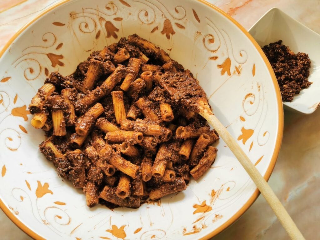 pasta mixed into the chocolate and walnut paste