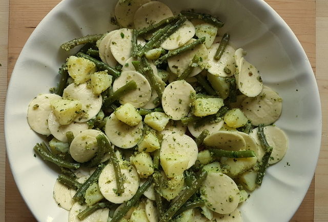 corzetti pesto pasta Liguria with potatoes and green beans