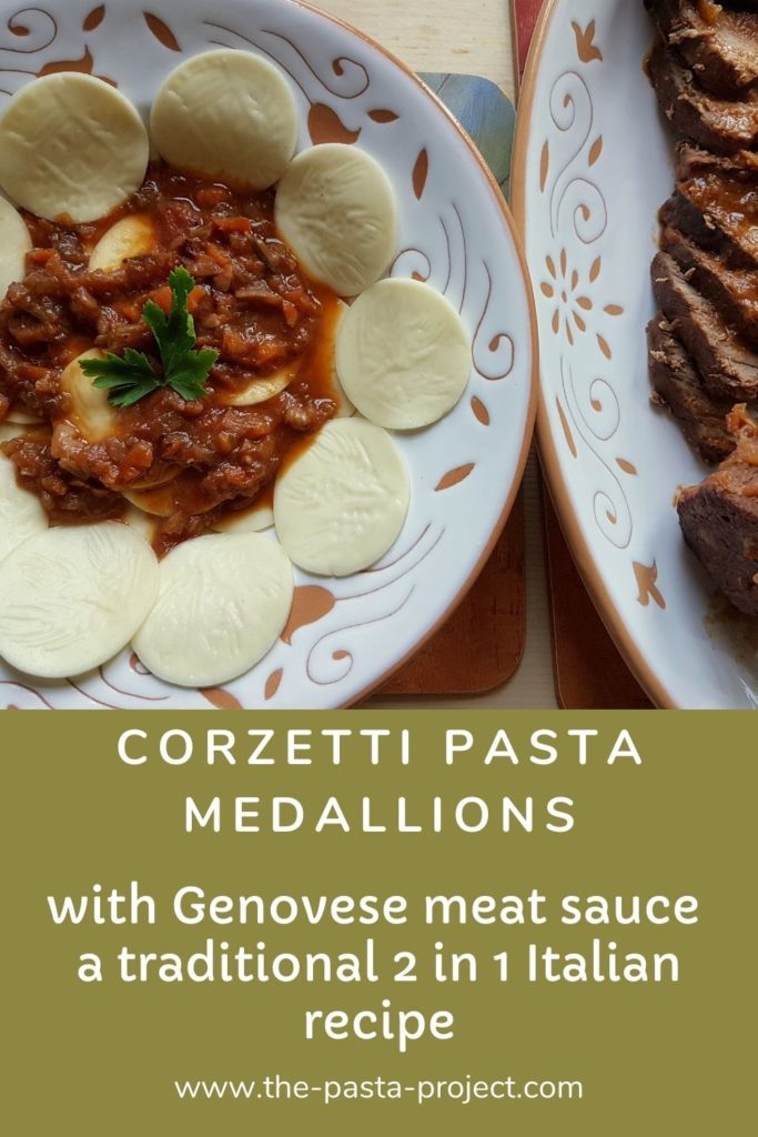Corzetti pasta with Genovese meat sauce