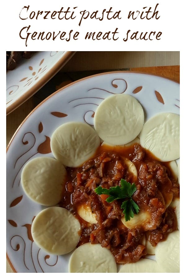 Corzetti pasta with Genovese meat sauce