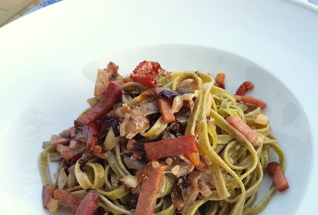 Fettuccine Pasta with speck and radicchio (Italian chicory)