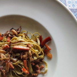 fettuccine pasta with speck and radicchio (Italian chicory)