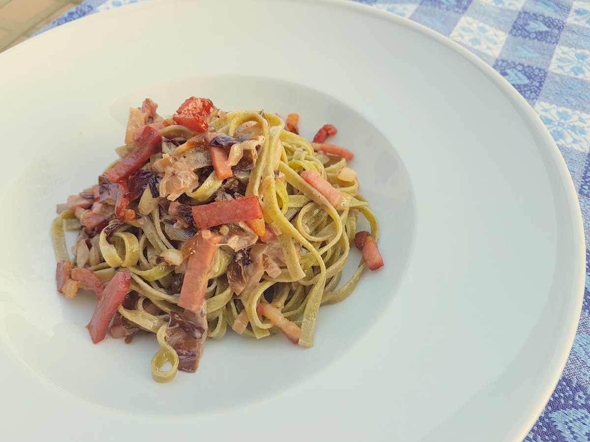 fettuccine with speck and radicchio.