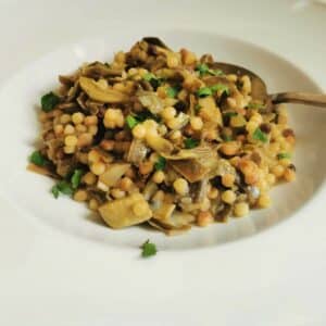 Fregola pasta with artichokes.