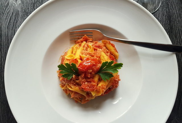 garganelli pasta with tuna Bolognese