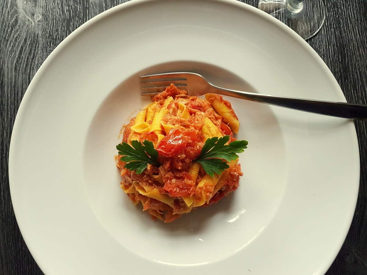 Garganelli pasta with tuna Bolognese.