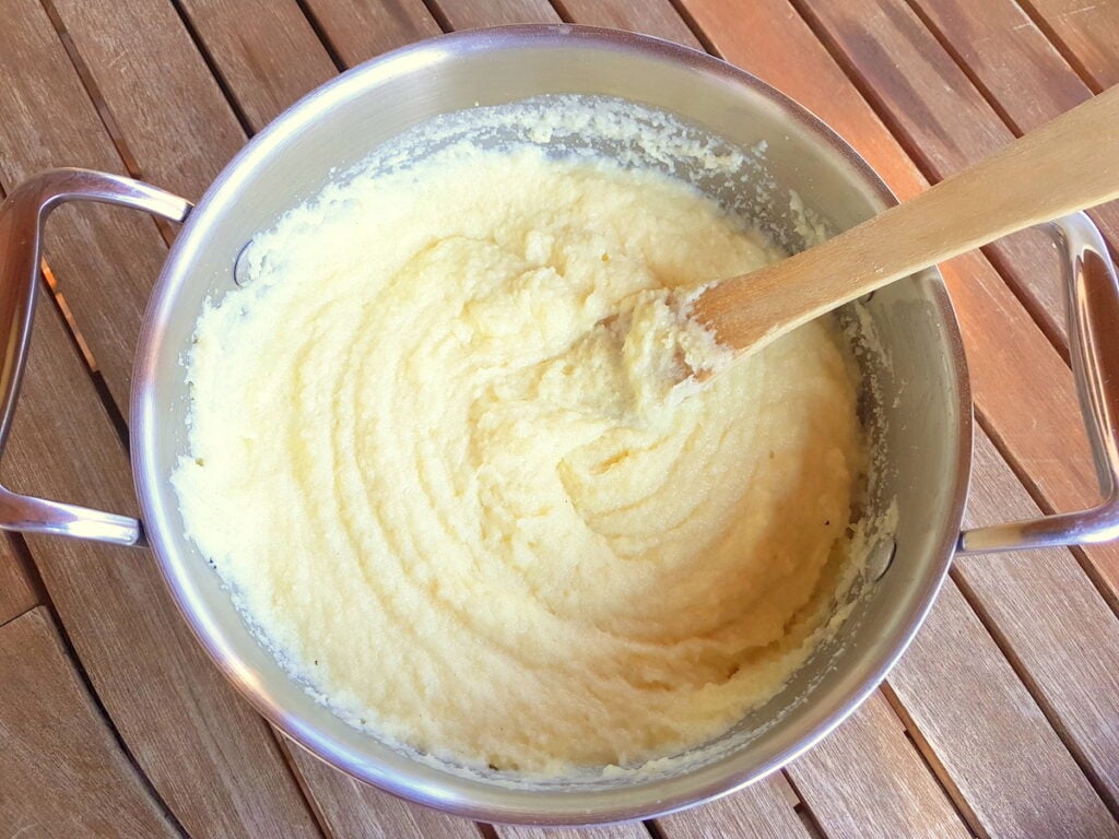 cooked semolina in saucepan
