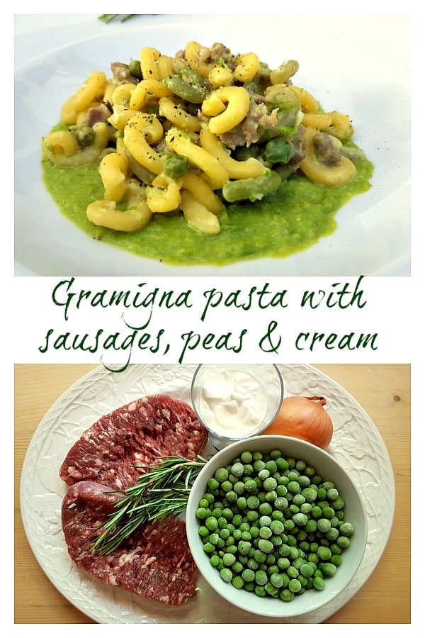 Gramigna with sausage, peas and cream (long image) 