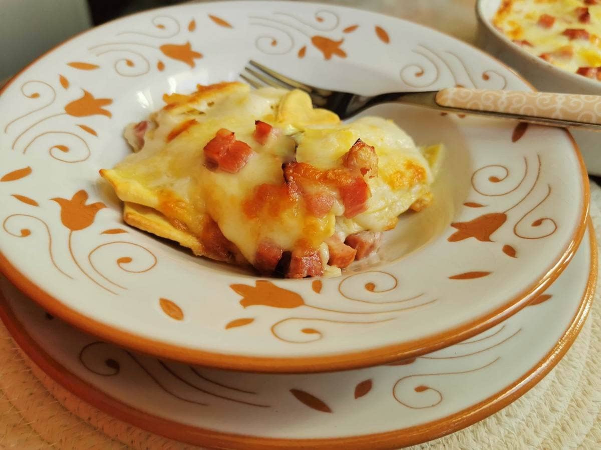 Ham and cheese pasta bake with homemade pasta.