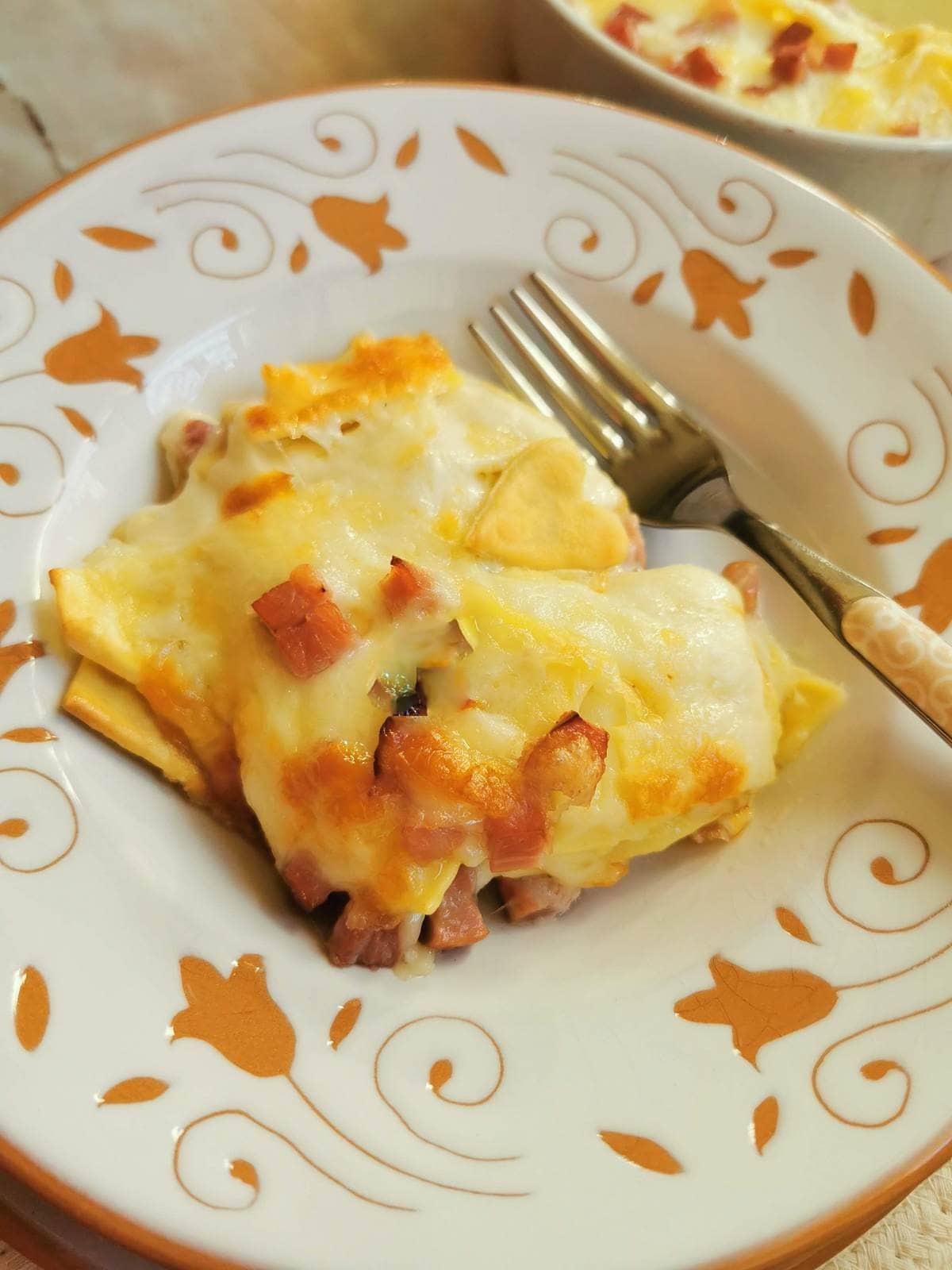 Ham and cheese pasta bake with homemade pasta squares.