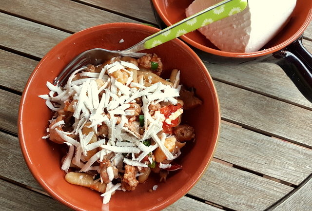 homemade cavatelli pasta with oyster mushrooms and sausage 