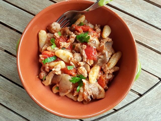 Homemade cavatelli with Oyster mushrooms and sausage