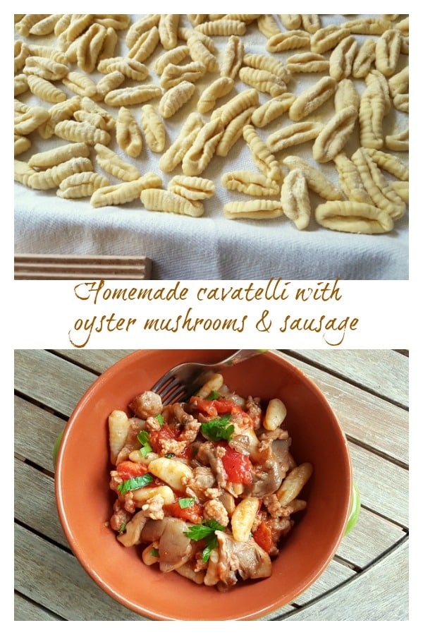 homemade cavatelli pasta with oyster mushrooms and sausage