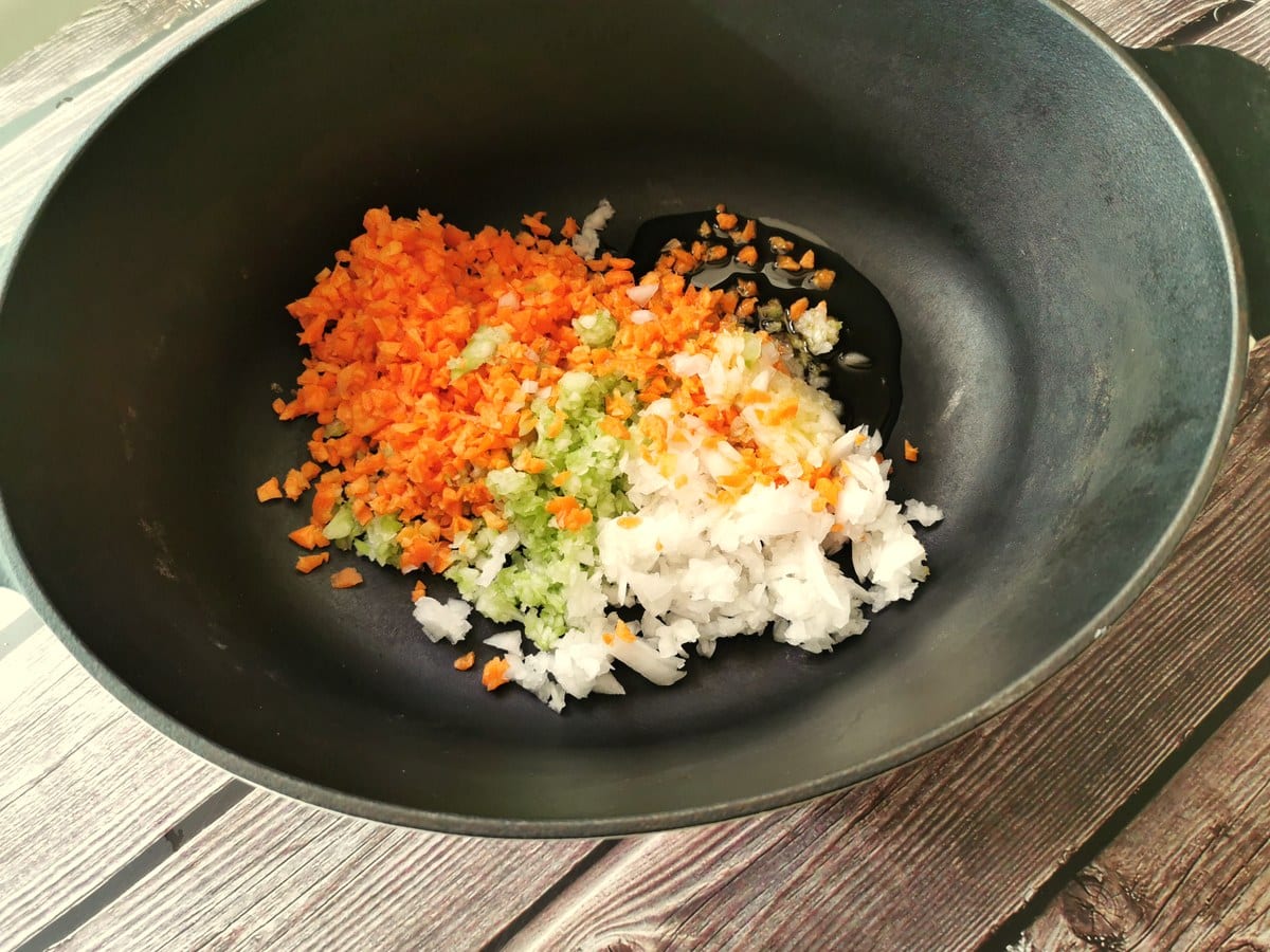 finely chopped carrots, onion and celery with olive oil in Dutch oven