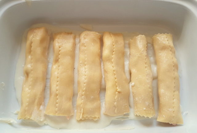 fresh pasta cannelloni in oven dish with bechamel sauce