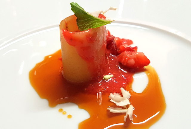 Paccheri with caramel reduction sauce and fresh strawberries ( dessert chef Peppe Giuda)