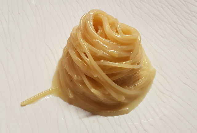 Spaghettini with lemon water and provolone del Monaco cheese (chef Peppe Guida)