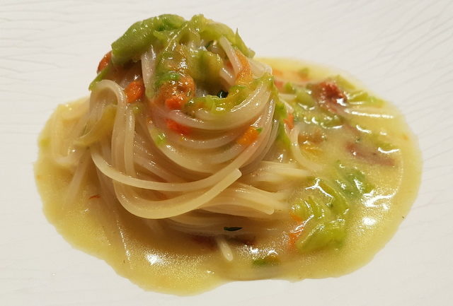 Spaghettini, smoked courgette flowers and cacioricotta cheese (chef Peppe Guida)