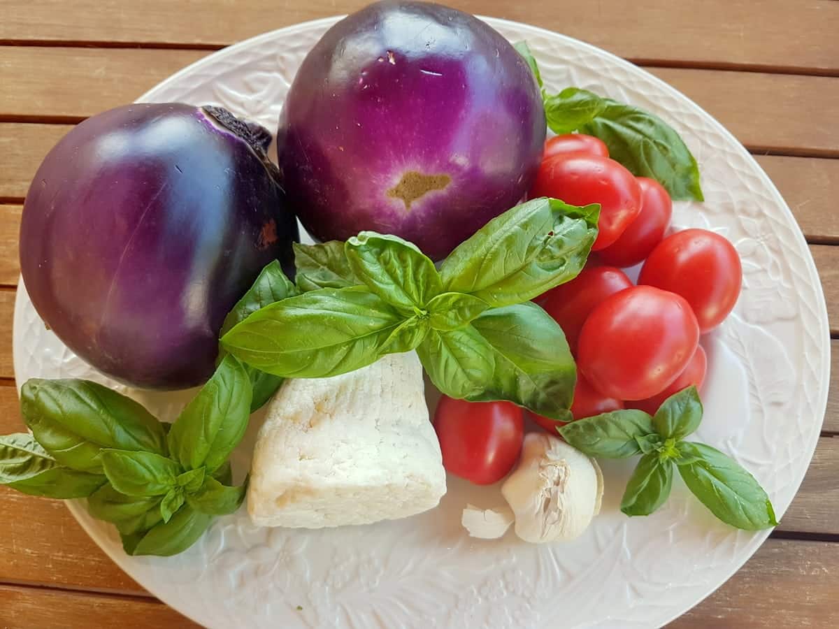 ingredients for pasta alla norma with prosperosa eggplants on white plate.