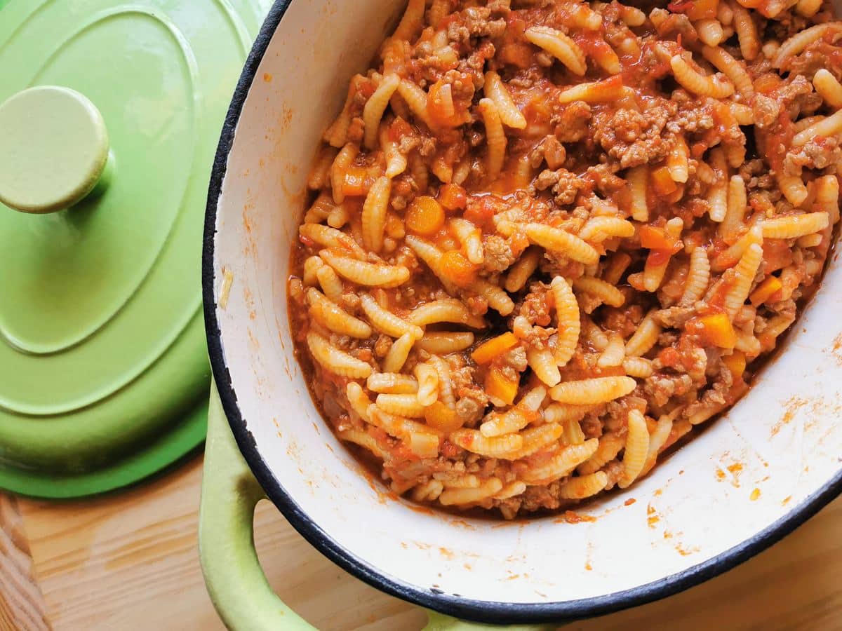 Lamb ragu pasta in a pot.